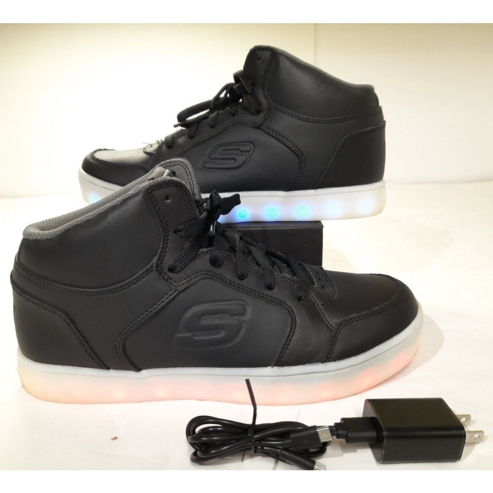 Skechers Energy Lights Rechargeable LED Black Leather Shoes Boys Size 7 Light Up